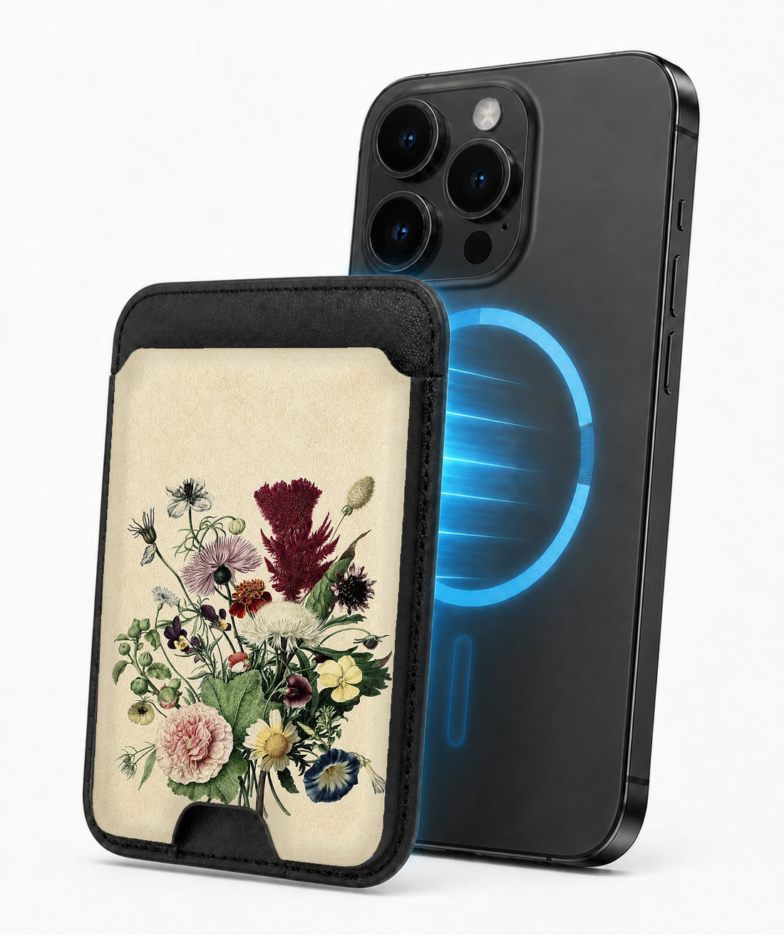 Vintage Botanical Bouquet MagSafe card holder attached to a compatible iPhone