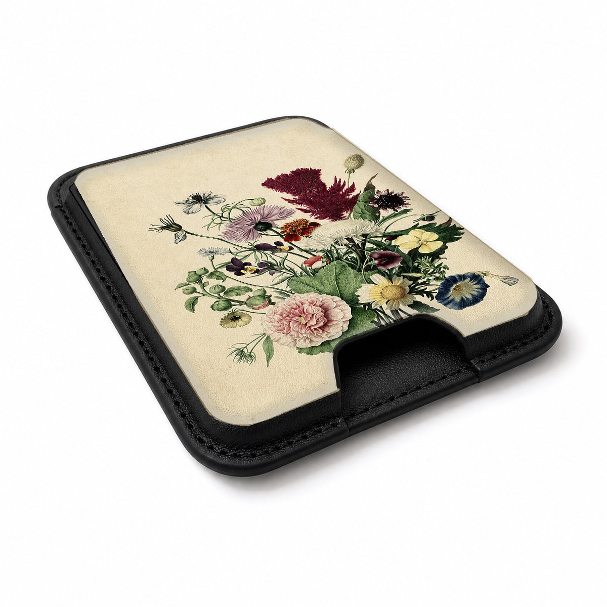 Vintage Botanical Bouquet MagSafe card holder showing the angled leather surface