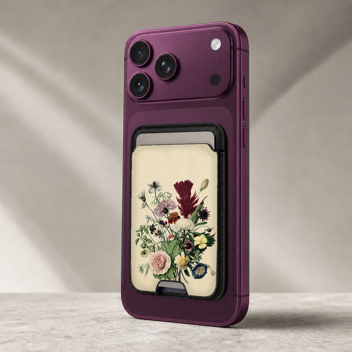 Vintage Botanical Bouquet MagSafe card holder showing the detailed leather finish