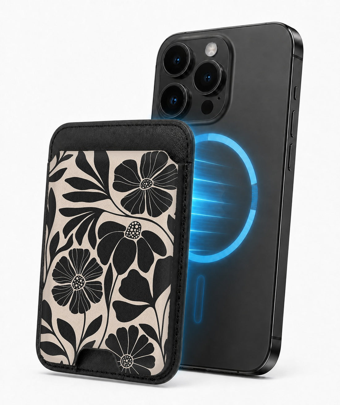 Black Cream Bold Floral MagSafe card holder attached to a compatible iPhone