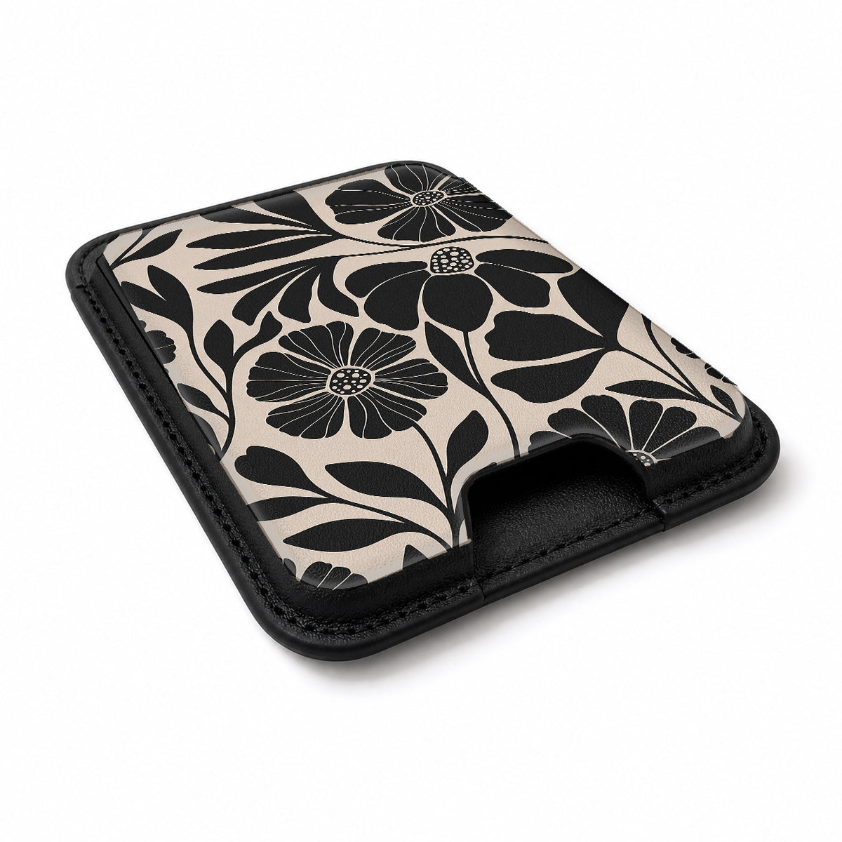 Black Cream Bold Floral MagSafe card holder showing the angled leather surface