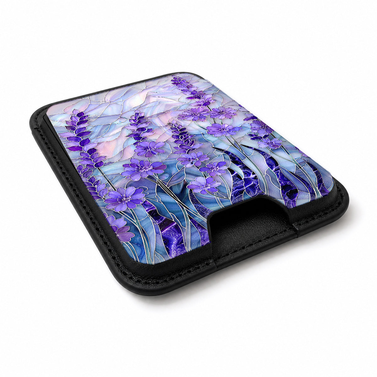 Purple Wisteria Garden MagSafe card holder showing the angled leather surface