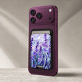 Purple Wisteria Garden MagSafe card holder showing the detailed leather finish