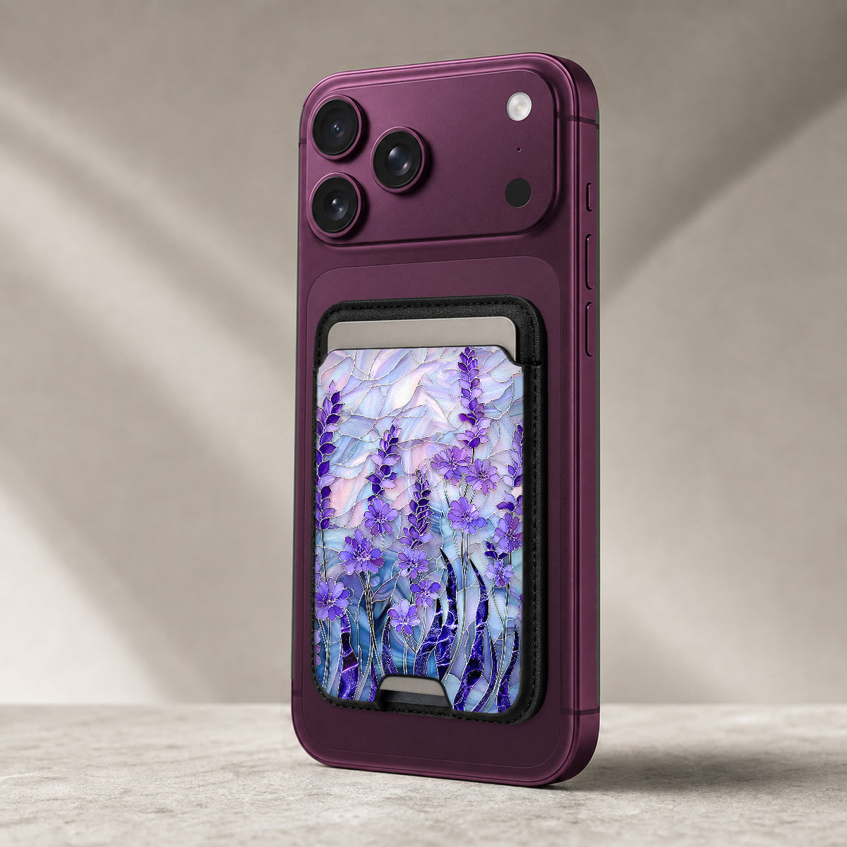 Purple Wisteria Garden MagSafe card holder showing the detailed leather finish