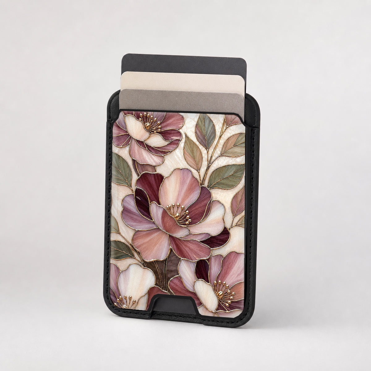 Dusty Rose Magnolia Floral MagSafe card holder showing the patterned front