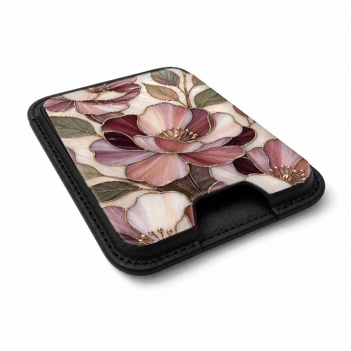 Dusty Rose Magnolia Floral MagSafe card holder showing the angled leather surface