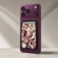 Dusty Rose Magnolia Floral MagSafe card holder showing the detailed leather finish