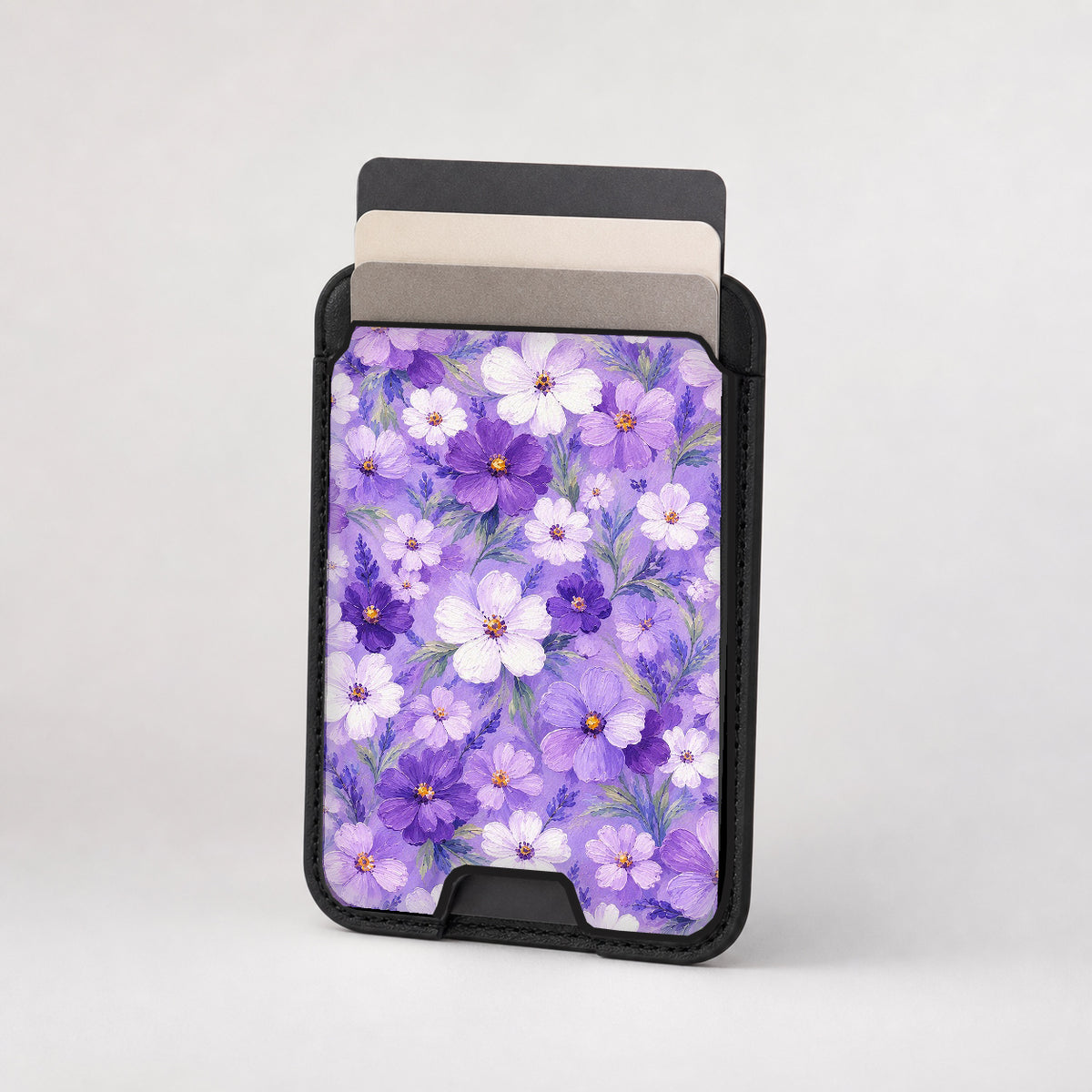 Lavender Daisy Floral MagSafe card holder showing the patterned front