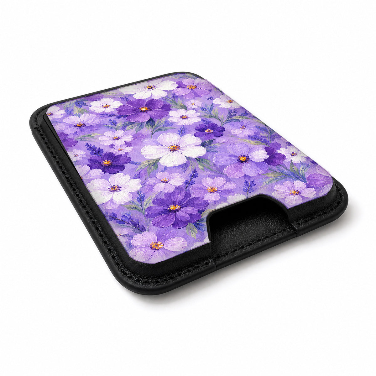 Lavender Daisy Floral MagSafe card holder showing the angled leather surface