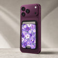 Lavender Daisy Floral MagSafe card holder showing the detailed leather finish
