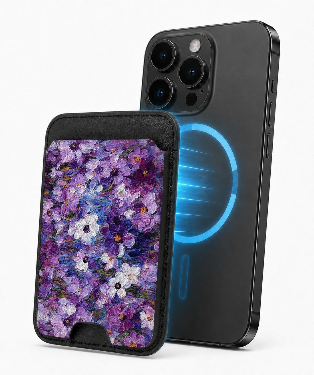 Purple Watercolor Flower Field MagSafe card holder attached to a compatible iPhone