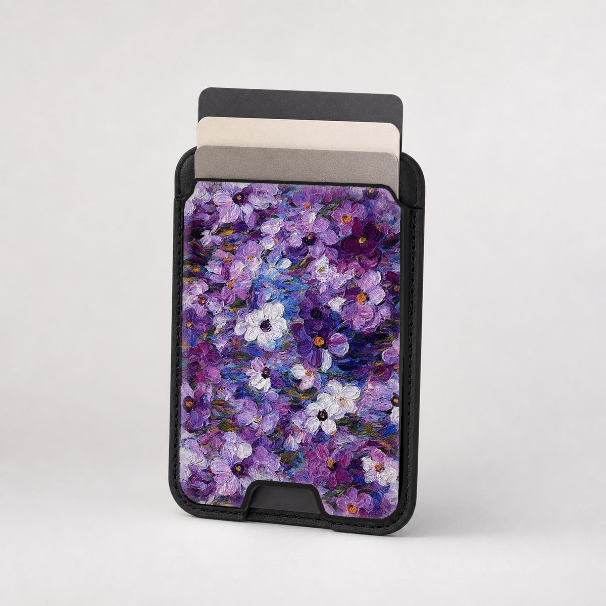 Purple Watercolor Flower Field MagSafe card holder showing the patterned front