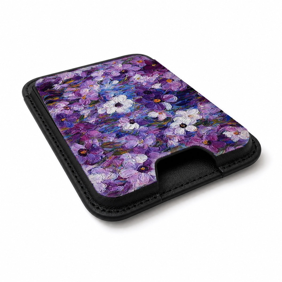 Purple Watercolor Flower Field MagSafe card holder showing the angled leather surface