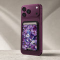 Purple Watercolor Flower Field MagSafe card holder showing the detailed leather finish