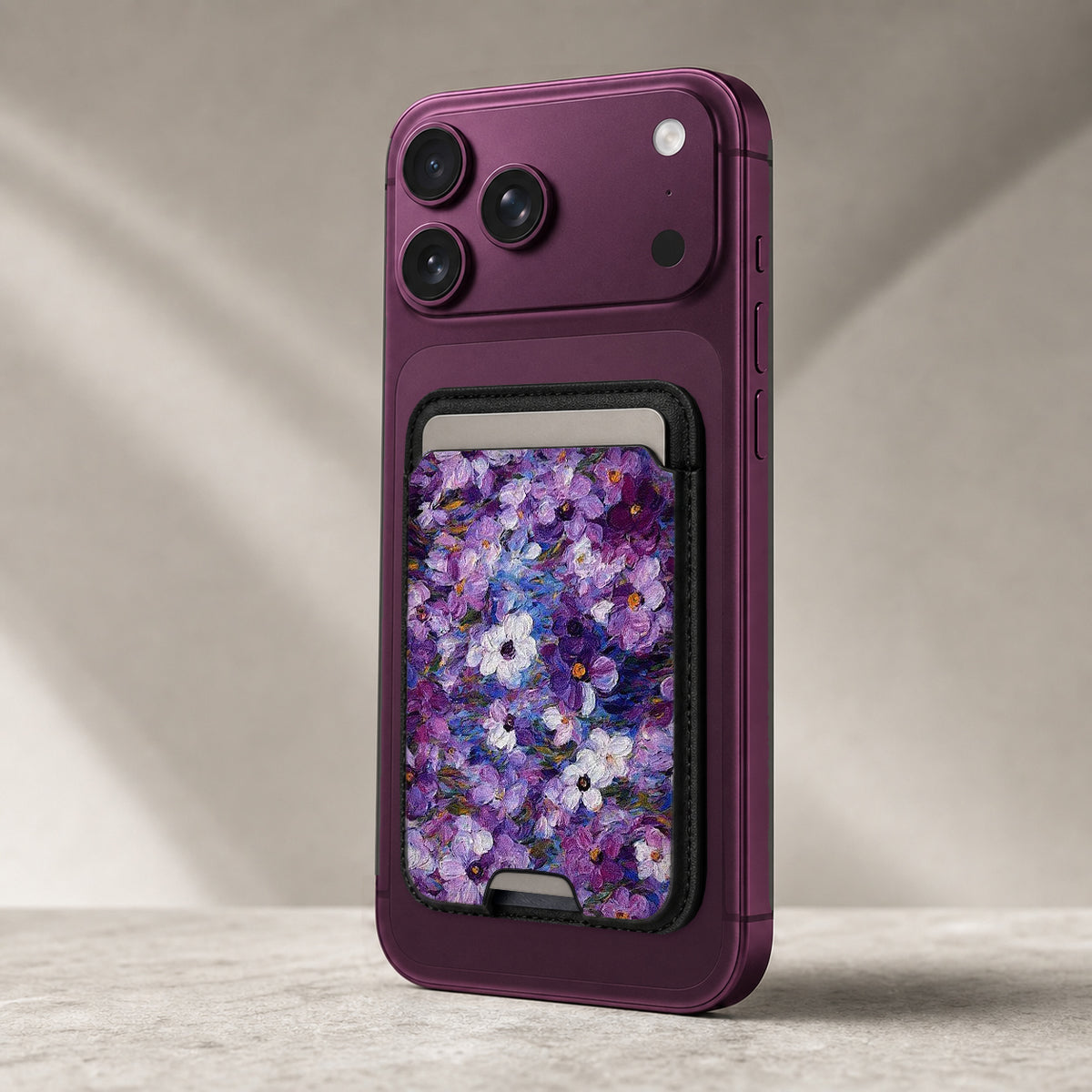 Purple Watercolor Flower Field MagSafe card holder showing the detailed leather finish