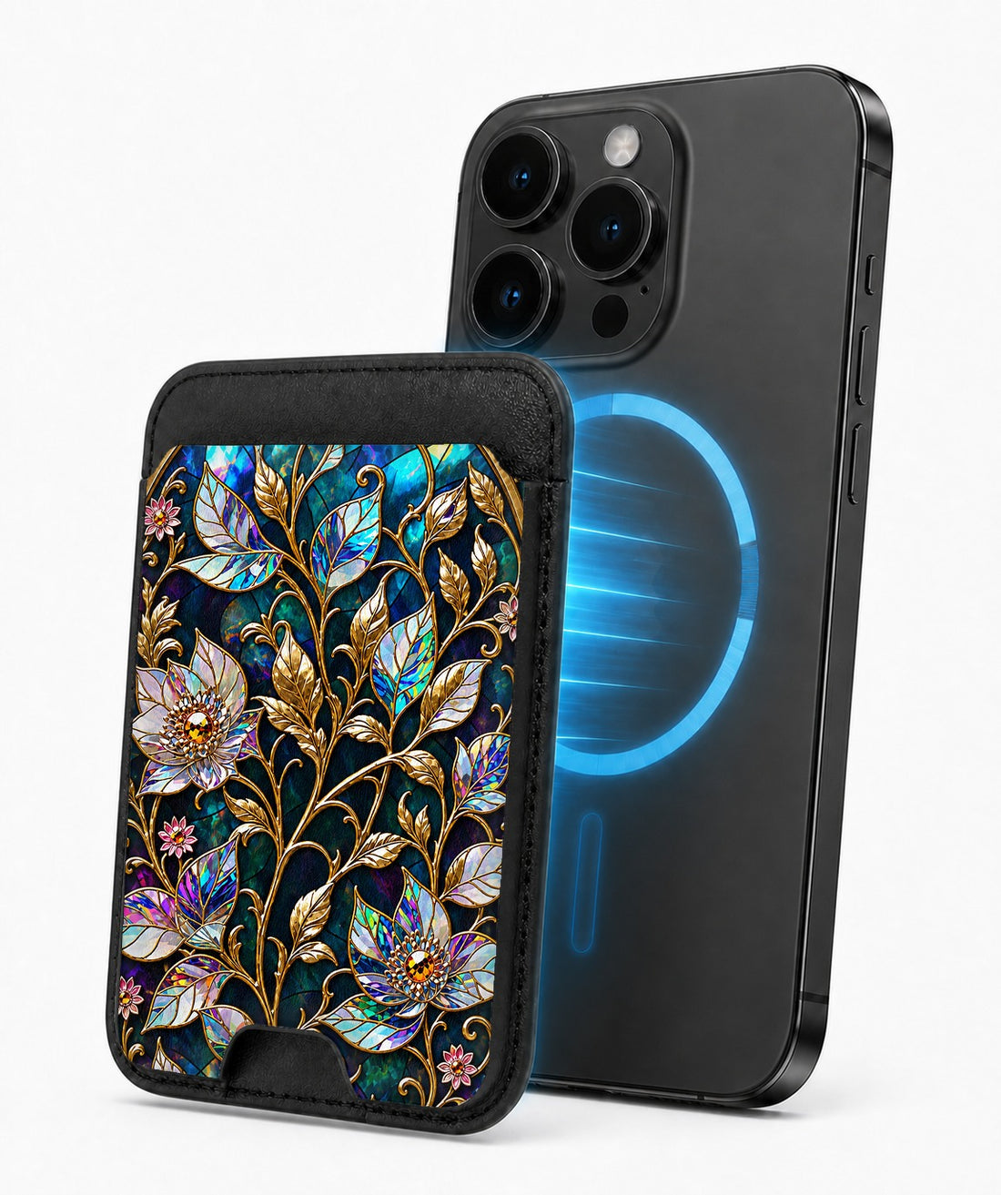 Midnight Ornate Jewel Floral MagSafe card holder attached to a compatible iPhone