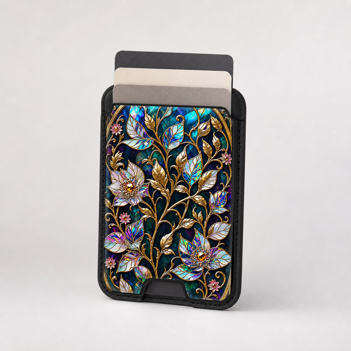 Midnight Ornate Jewel Floral MagSafe card holder showing the patterned front