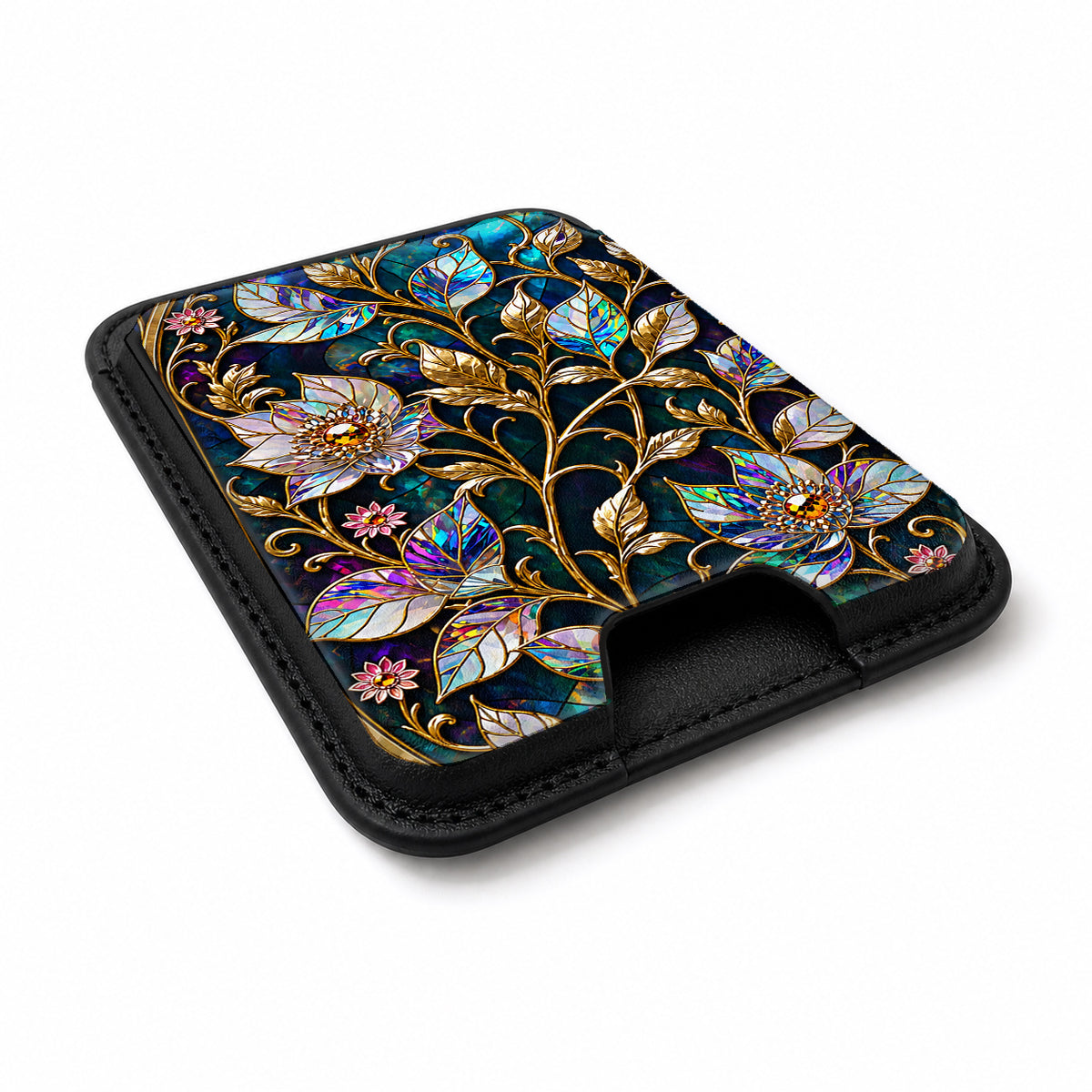 Midnight Ornate Jewel Floral MagSafe card holder showing the angled leather surface