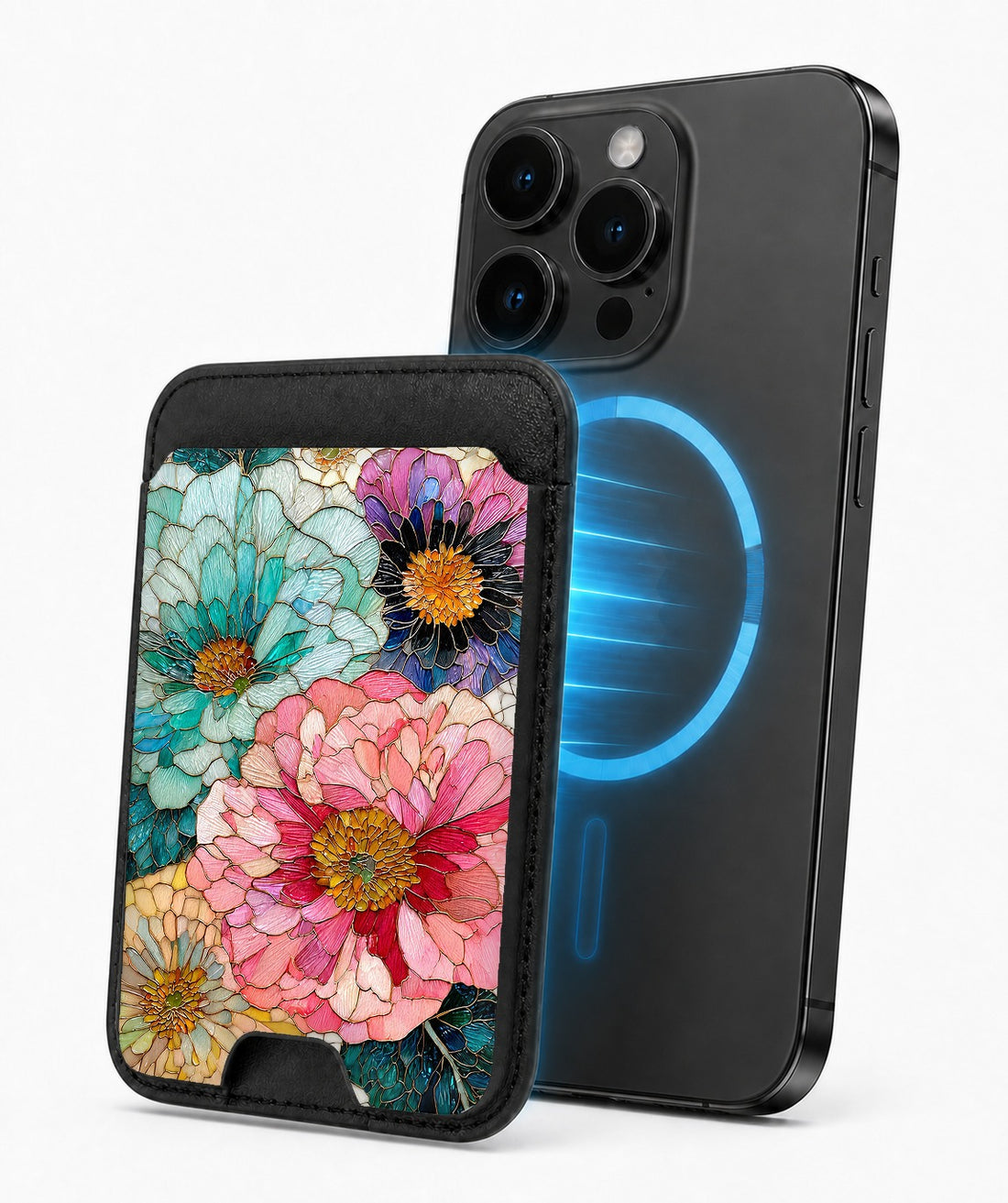 Teal Pink Stained Glass Floral MagSafe card holder attached to a compatible iPhone