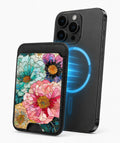 Teal Pink Stained Glass Floral MagSafe card holder attached to a compatible iPhone