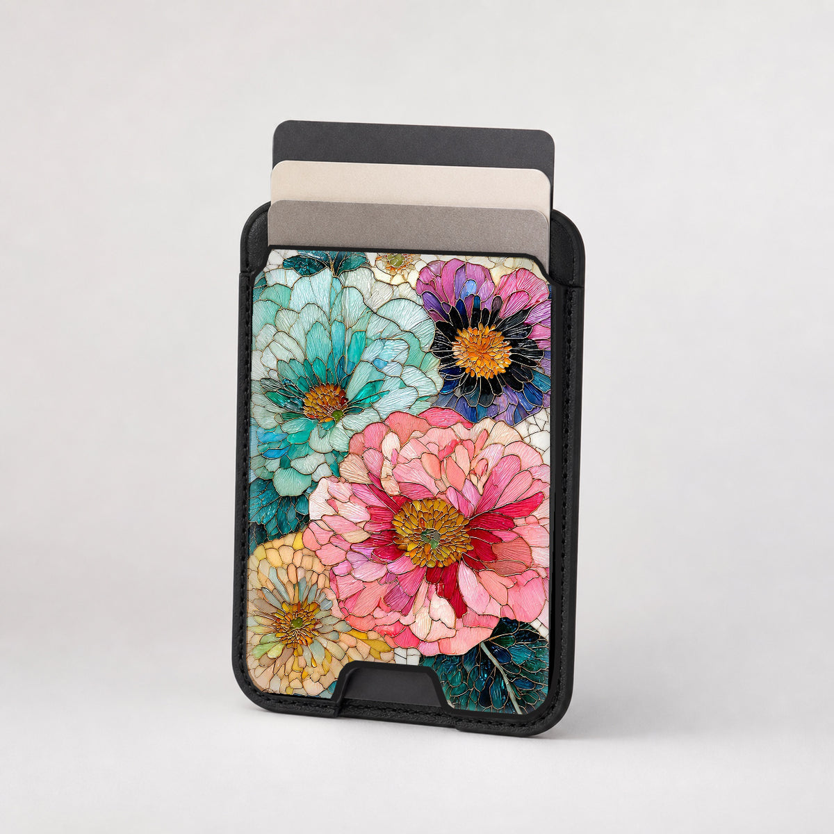 Teal Pink Stained Glass Floral MagSafe card holder showing the patterned front