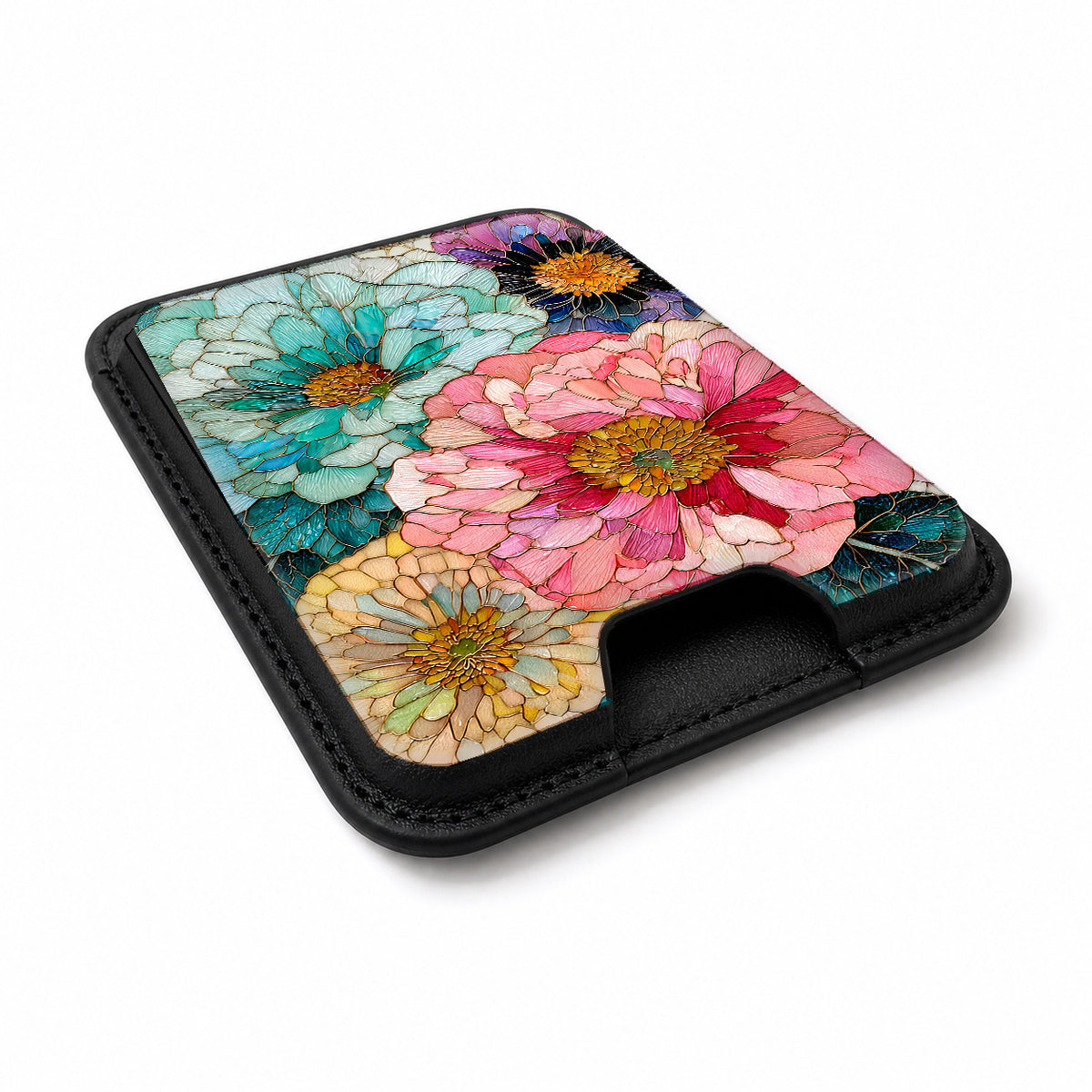 Teal Pink Stained Glass Floral MagSafe card holder showing the angled leather surface