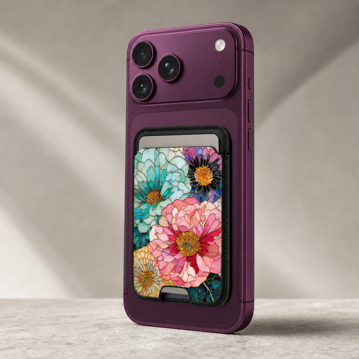 Teal Pink Stained Glass Floral MagSafe card holder showing the detailed leather finish