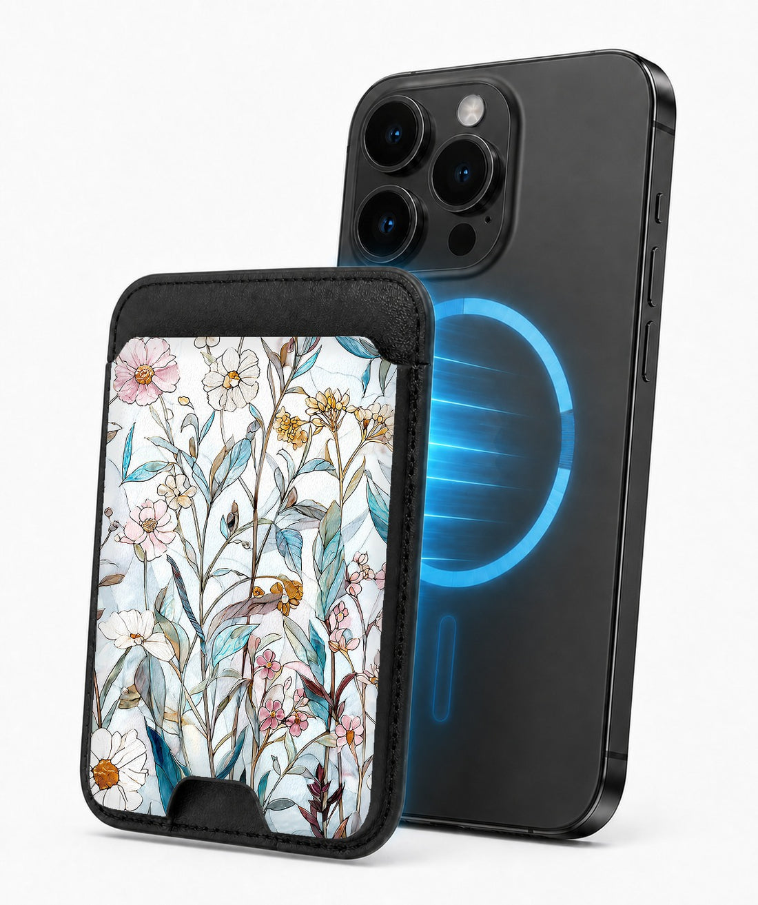 Blue White Daisy Wildflower MagSafe card holder attached to a compatible iPhone