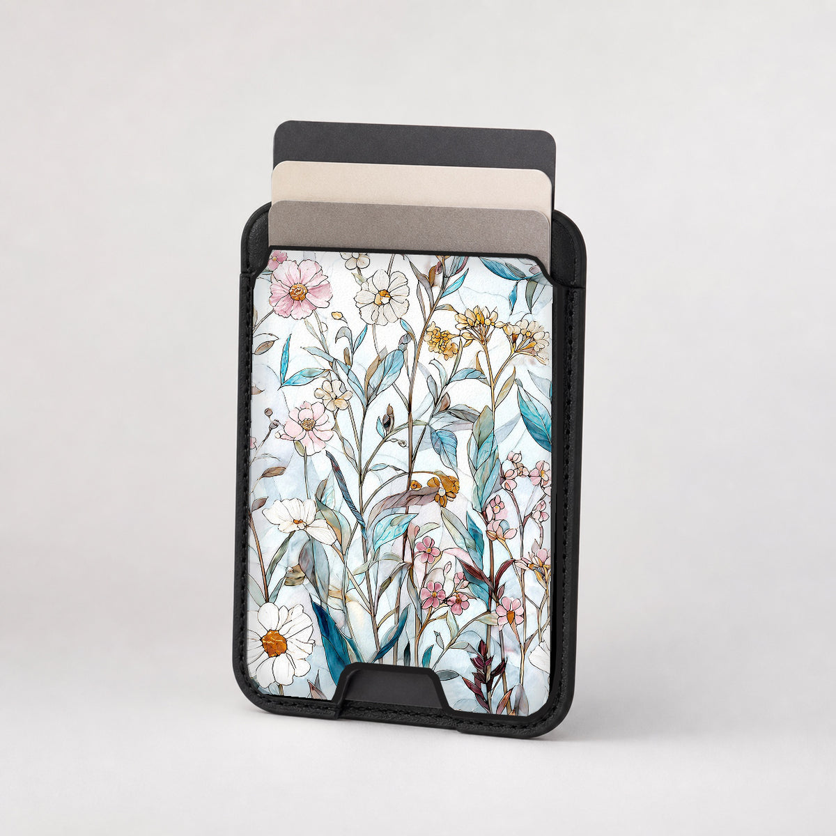 Blue White Daisy Wildflower MagSafe card holder showing the patterned front