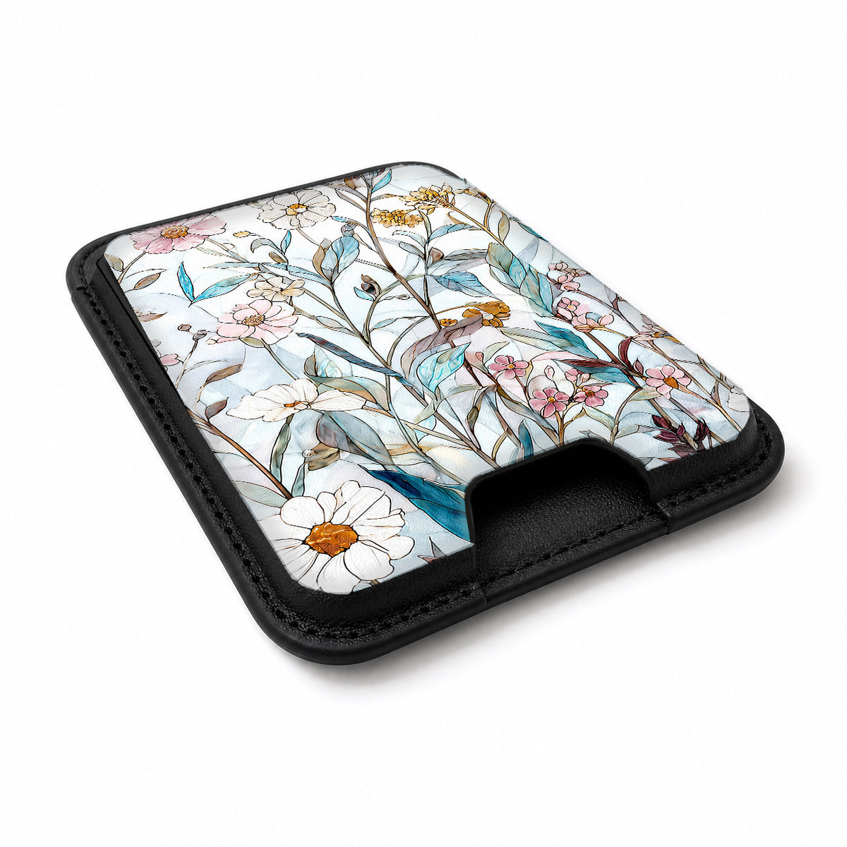 Blue White Daisy Wildflower MagSafe card holder showing the angled leather surface