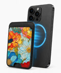 Vibrant Poppy Stained Glass MagSafe card holder attached to a compatible iPhone