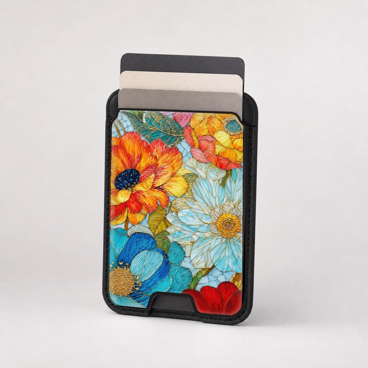 Vibrant Poppy Stained Glass MagSafe card holder showing the patterned front
