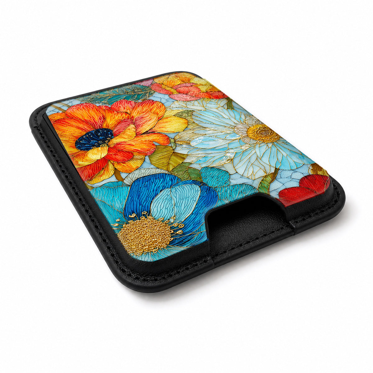 Vibrant Poppy Stained Glass MagSafe card holder showing the angled leather surface