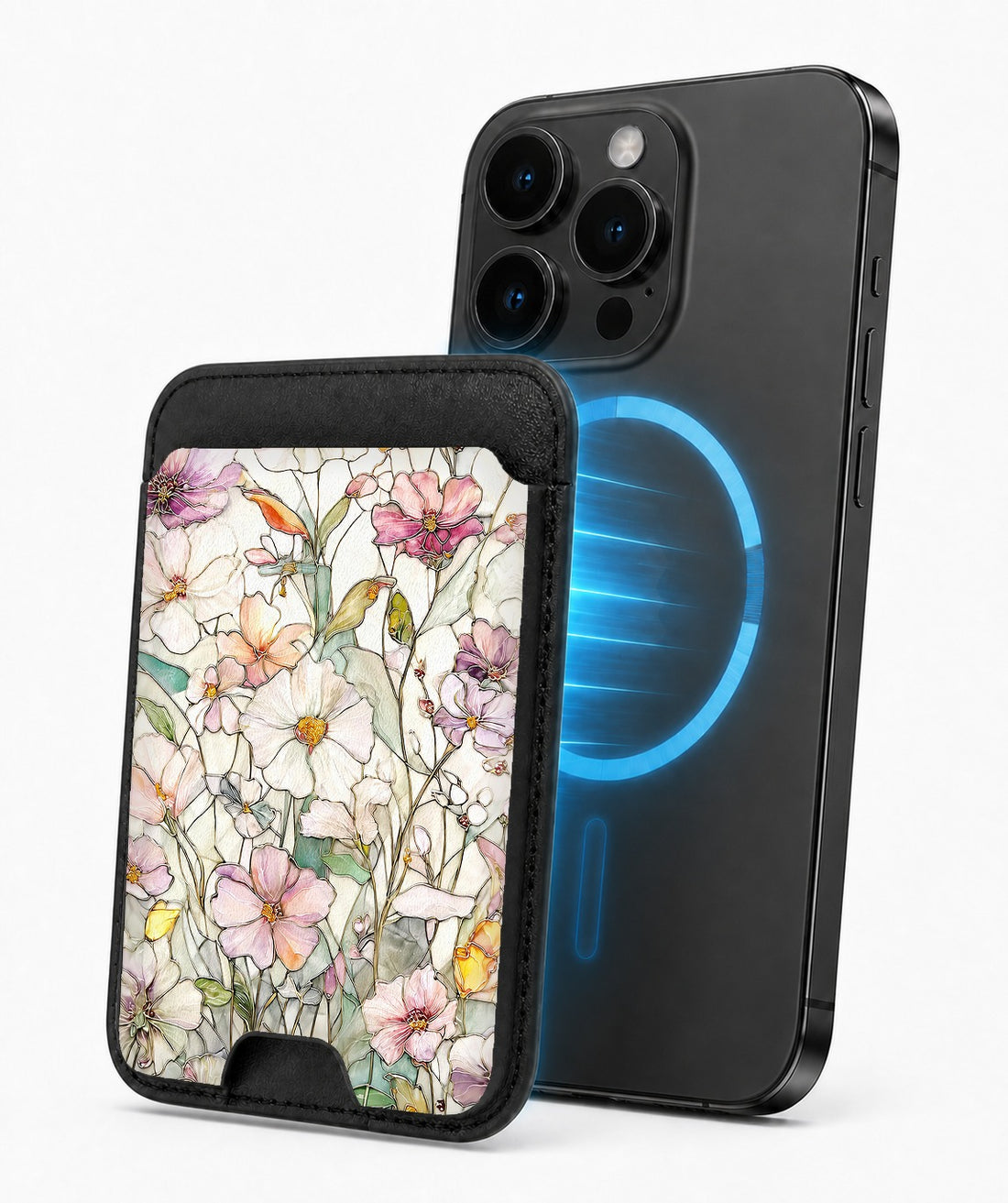Pastel Wildflower Stained Glass MagSafe card holder attached to a compatible iPhone