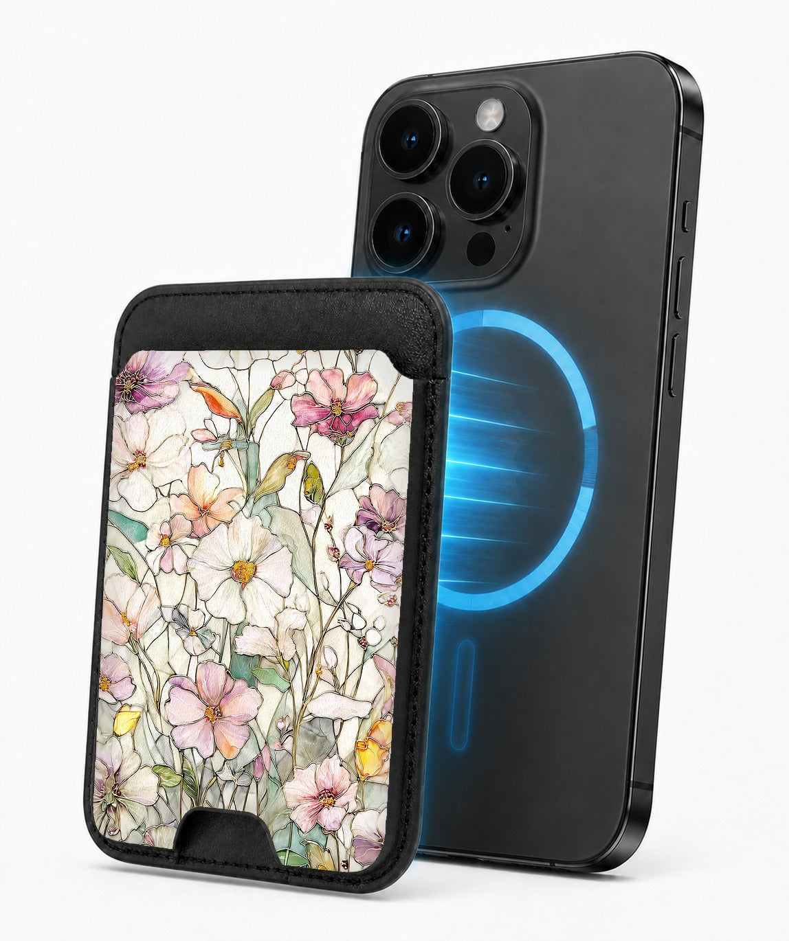 Pastel Wildflower Stained Glass MagSafe card holder attached to a compatible iPhone