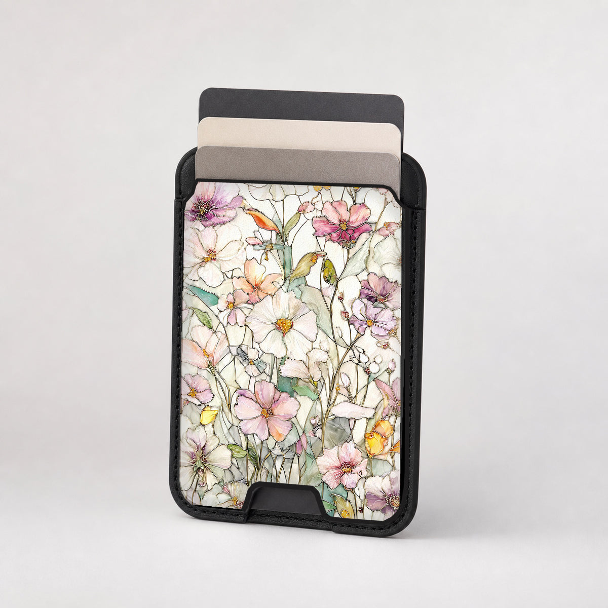 Pastel Wildflower Stained Glass MagSafe card holder showing the patterned front