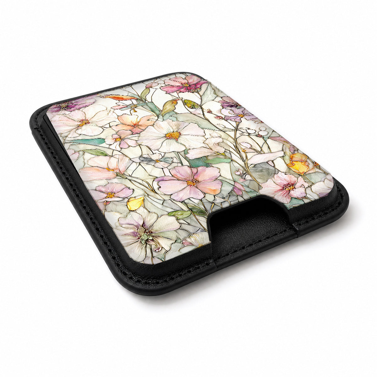 Pastel Wildflower Stained Glass MagSafe card holder showing the angled leather surface