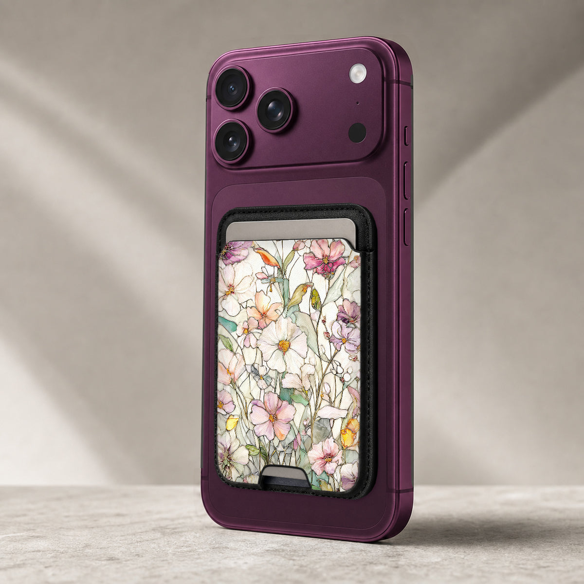 Pastel Wildflower Stained Glass MagSafe card holder showing the detailed leather finish