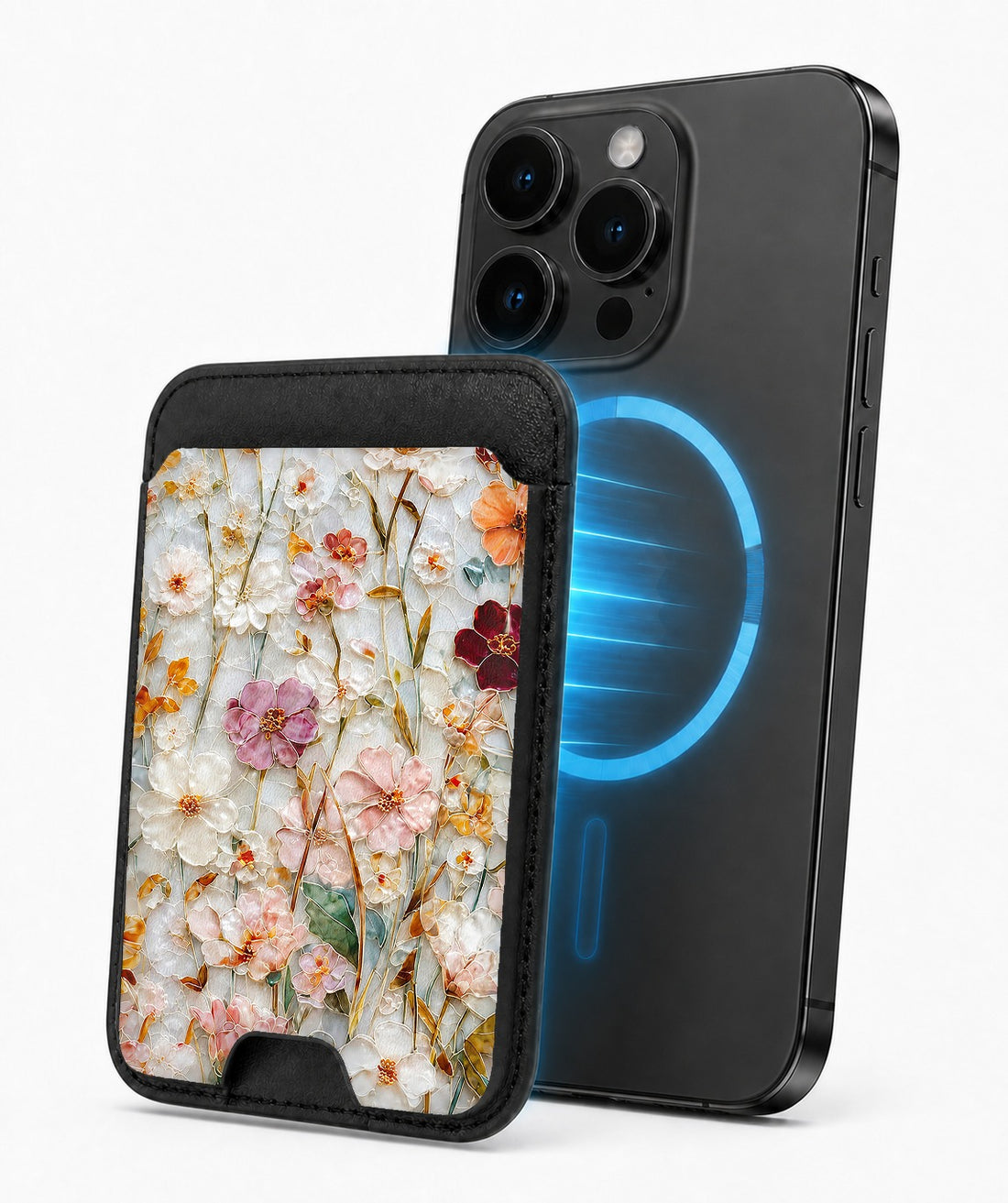 Warm Wildflower Stained Glass MagSafe card holder attached to a compatible iPhone