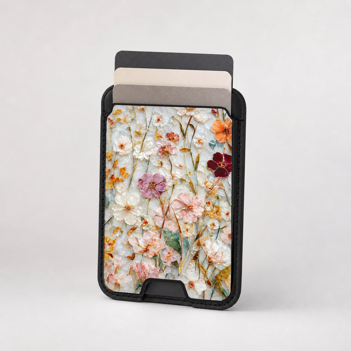 Warm Wildflower Stained Glass MagSafe card holder showing the patterned front
