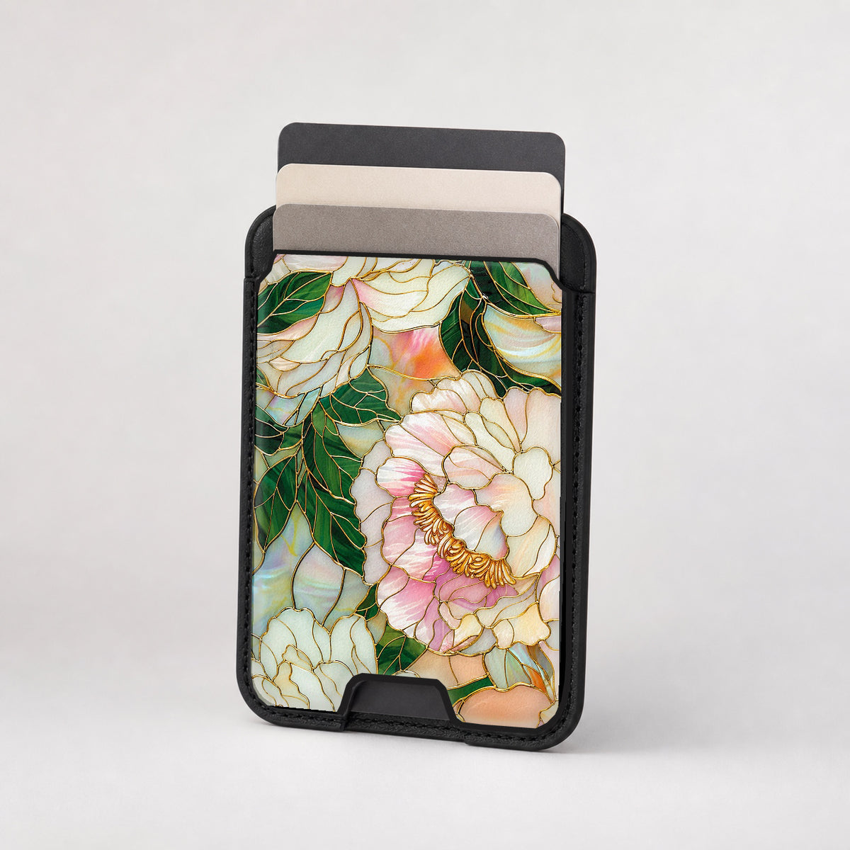 Green Peach Stained Glass Floral MagSafe card holder showing the patterned front