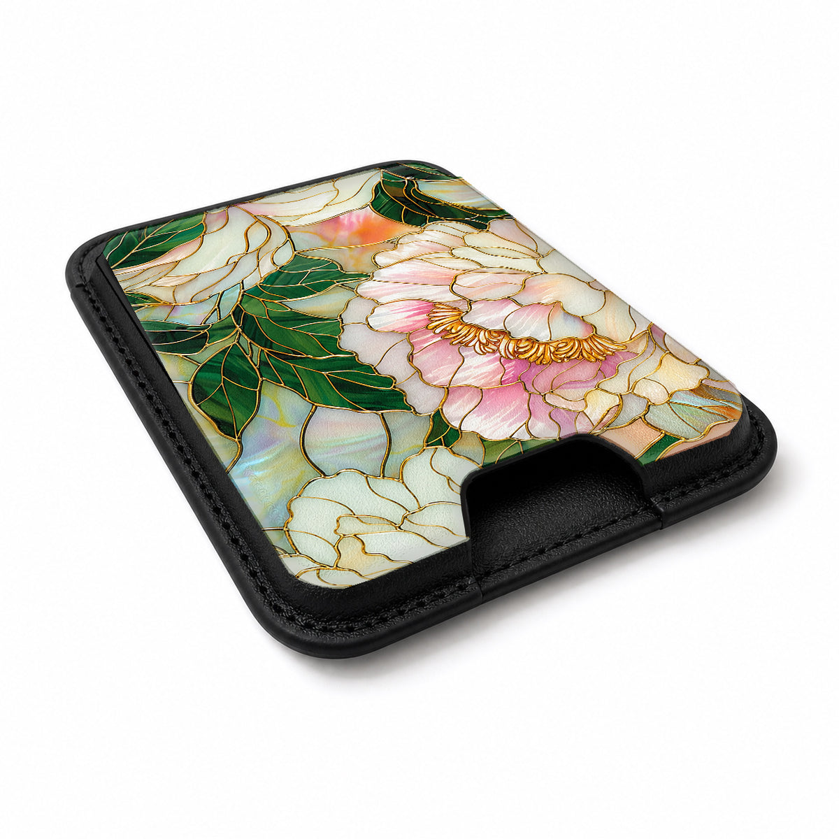Green Peach Stained Glass Floral MagSafe card holder showing the angled leather surface