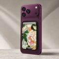 Green Peach Stained Glass Floral MagSafe card holder showing the detailed leather finish
