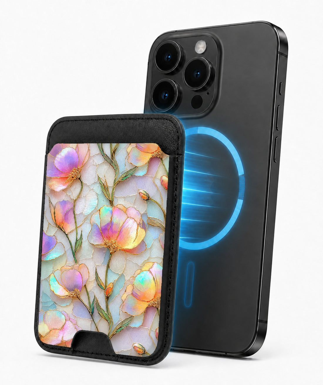 Pastel Tulip Stained Glass MagSafe card holder attached to a compatible iPhone