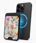 Pastel Tulip Stained Glass MagSafe card holder attached to a compatible iPhone