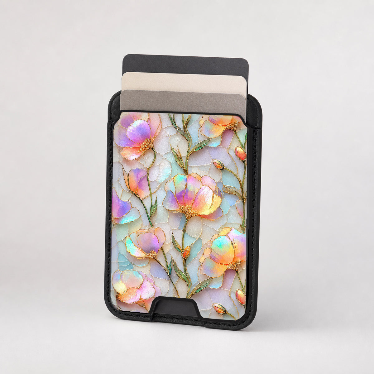 Pastel Tulip Stained Glass MagSafe card holder showing the patterned front