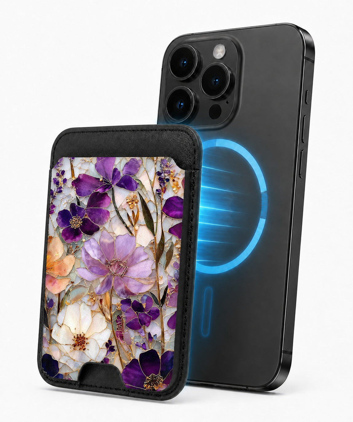 Purple Pressed Flower Garden MagSafe card holder attached to a compatible iPhone