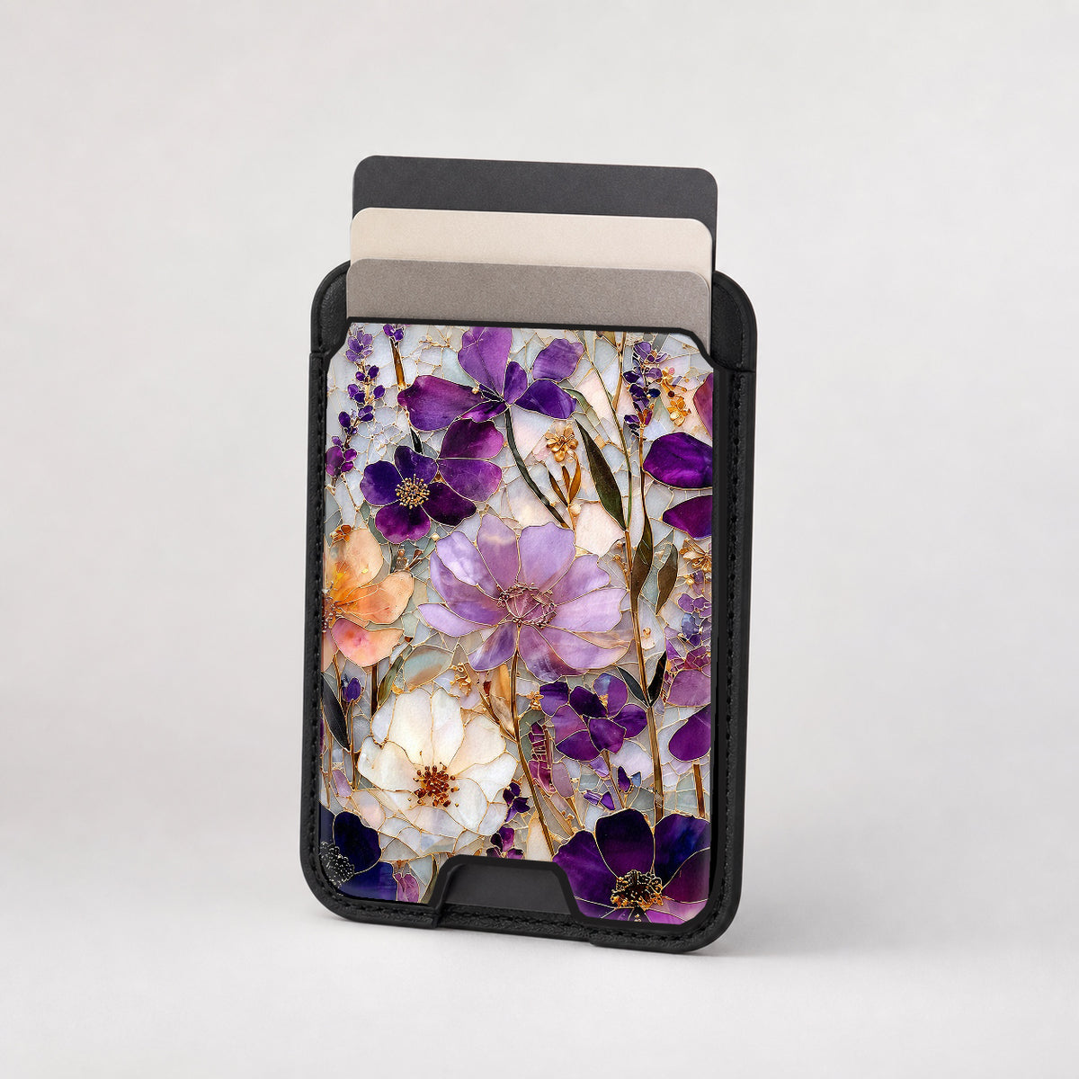 Purple Pressed Flower Garden MagSafe card holder showing the patterned front