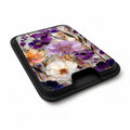 Purple Pressed Flower Garden MagSafe card holder showing the angled leather surface