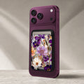 Purple Pressed Flower Garden MagSafe card holder showing the detailed leather finish